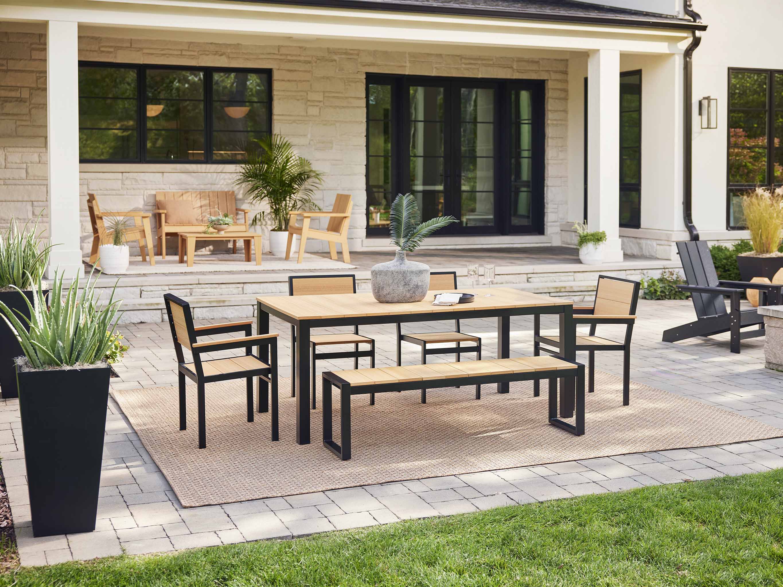 Outdoor Dining Set and Patio with Park City Dining Table and bench and Chairs