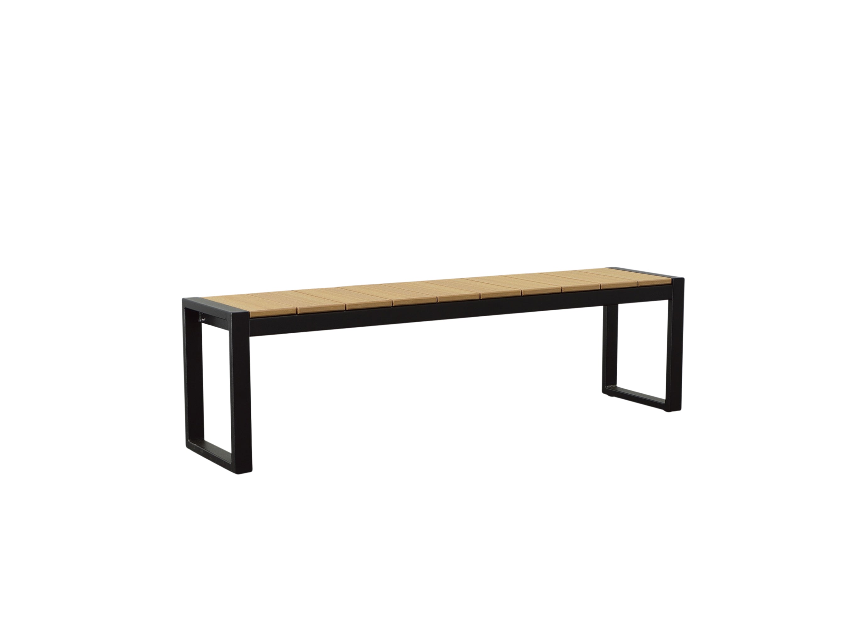 Natural Teak Park City Bench with black frame on blank background slight side