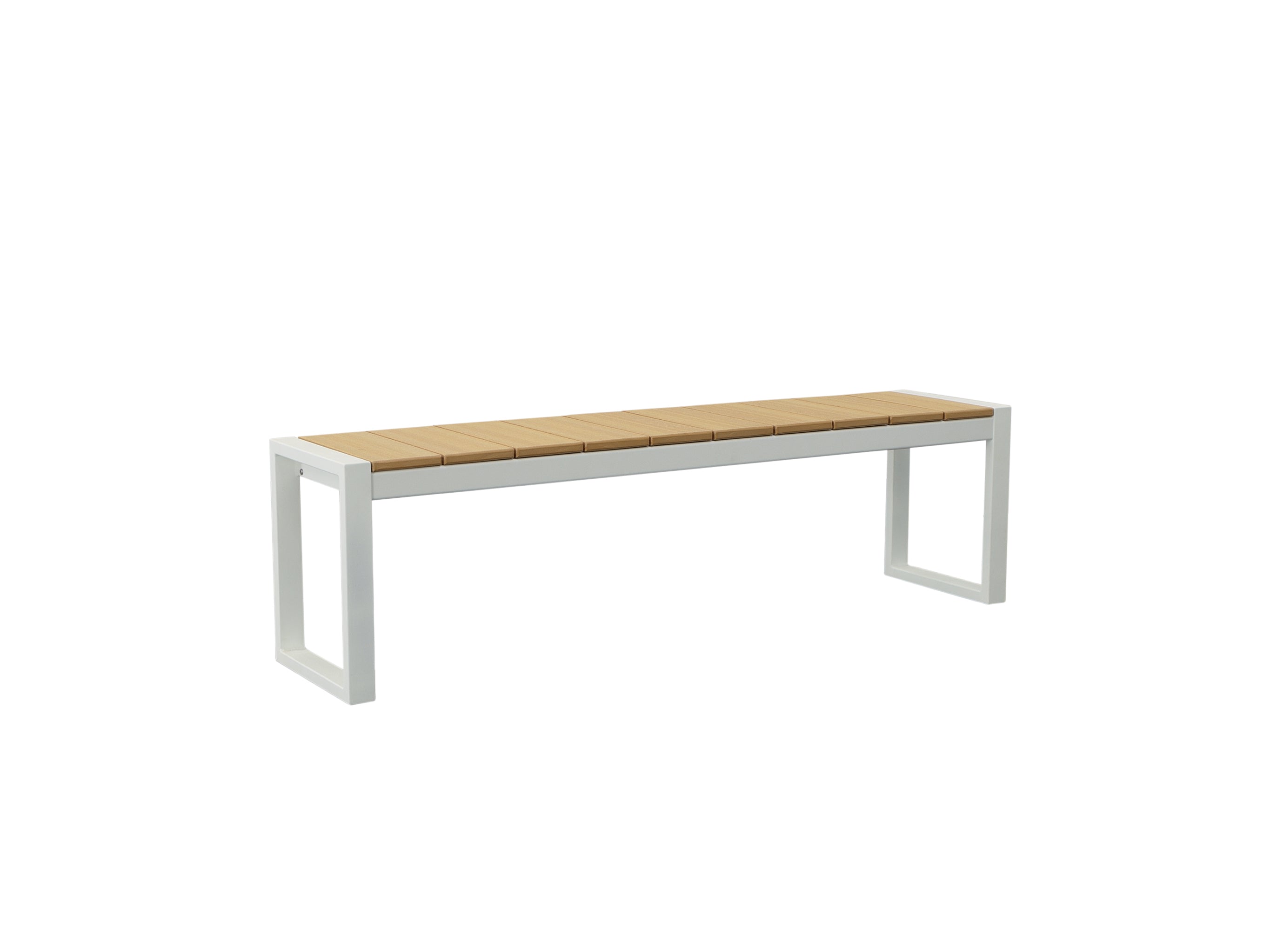 Natural Teak Park City Bench with white frame on blank background Slight Side