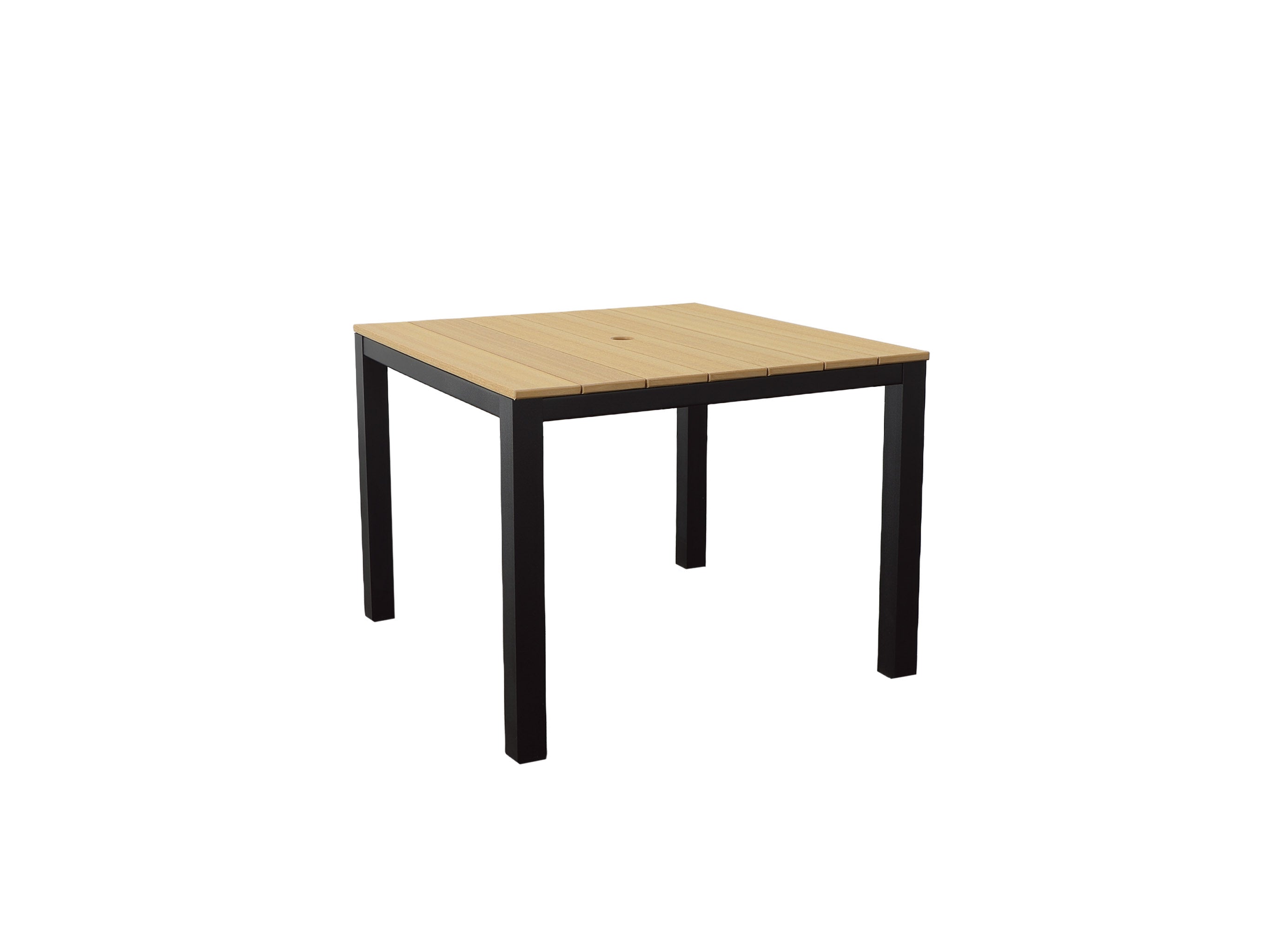 Natural Teak Square Park City Black Frame Dining Table Blank Background Side