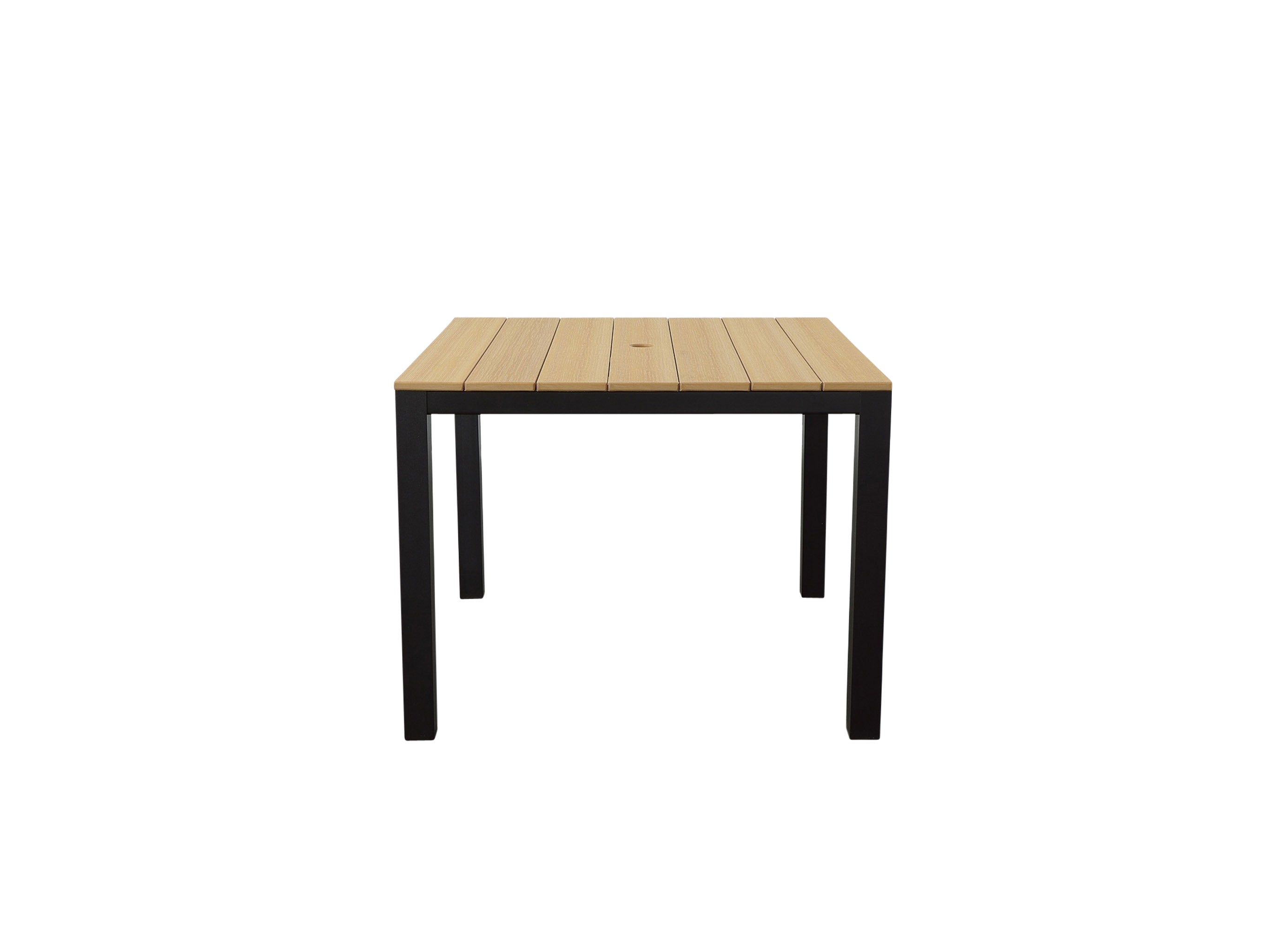 Natural Teak Square Park City Black Frame Dining Table Blank Background Front
