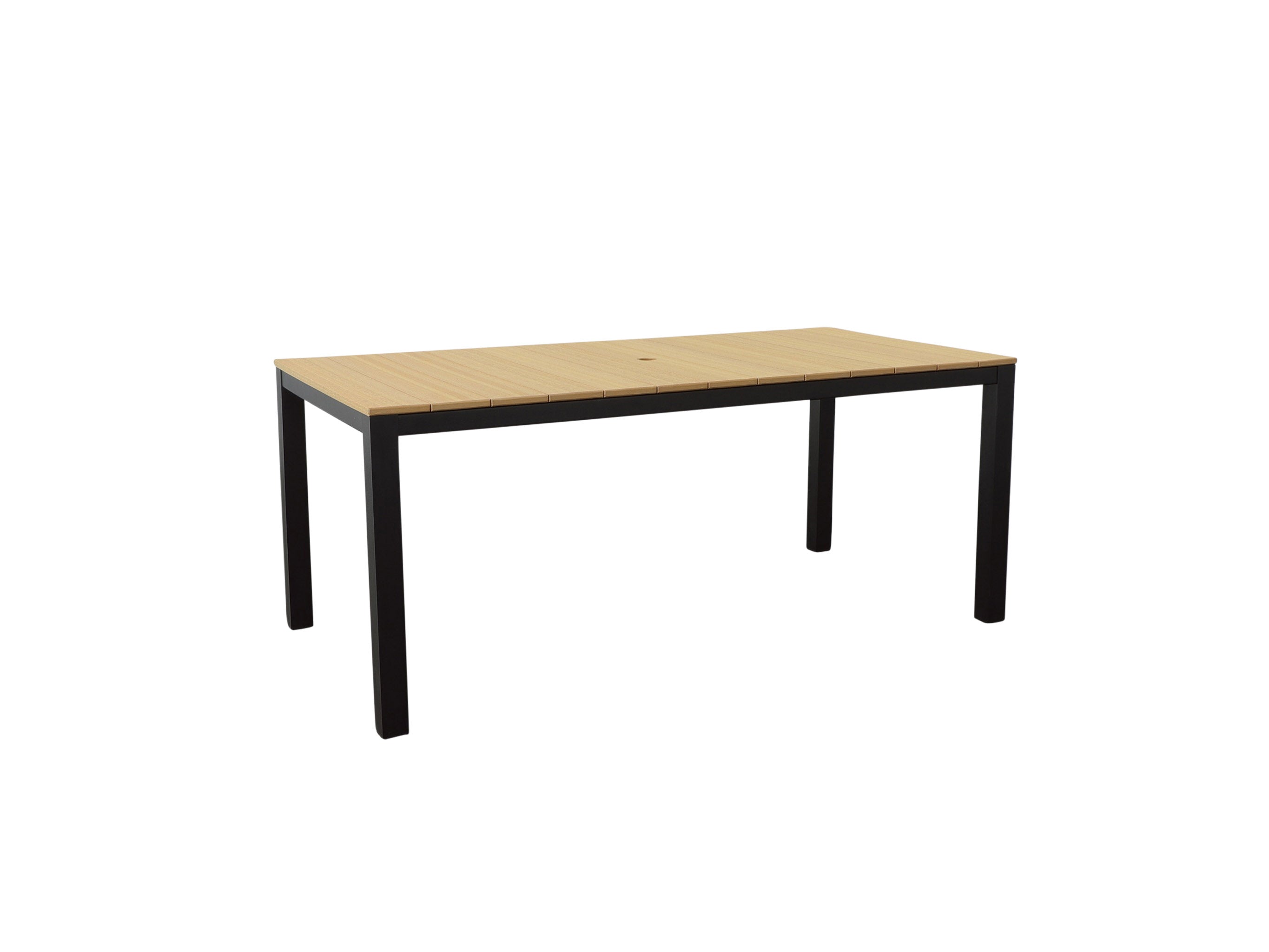Natural Teak Park City Dining Table with Black Frame Blank Background Side