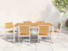Park City Dining Table with six Side Chairs white frame and natural teak