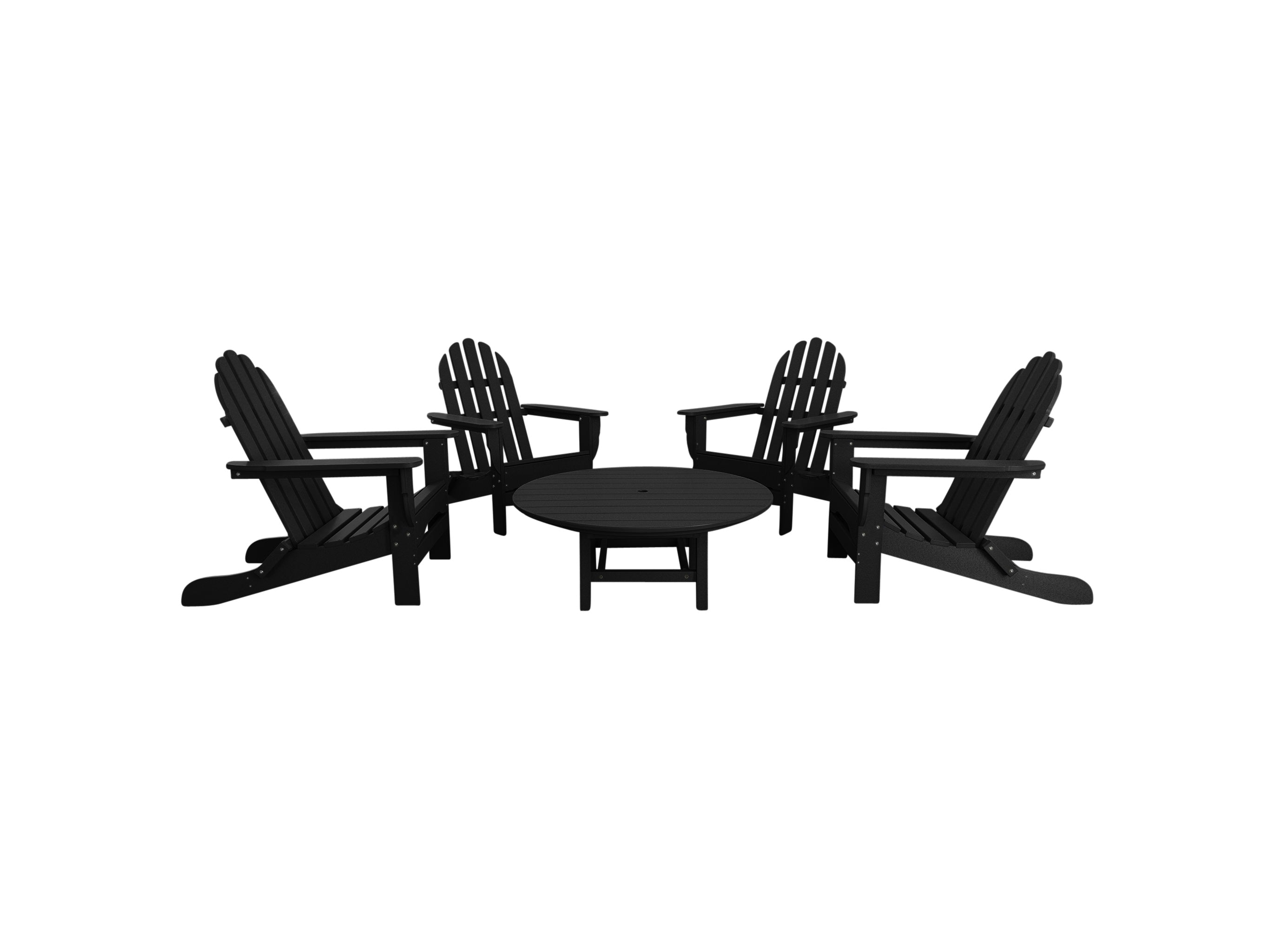 Black Classic Adirondack Four Chairs with a Madison Conversation Table on Blank Background