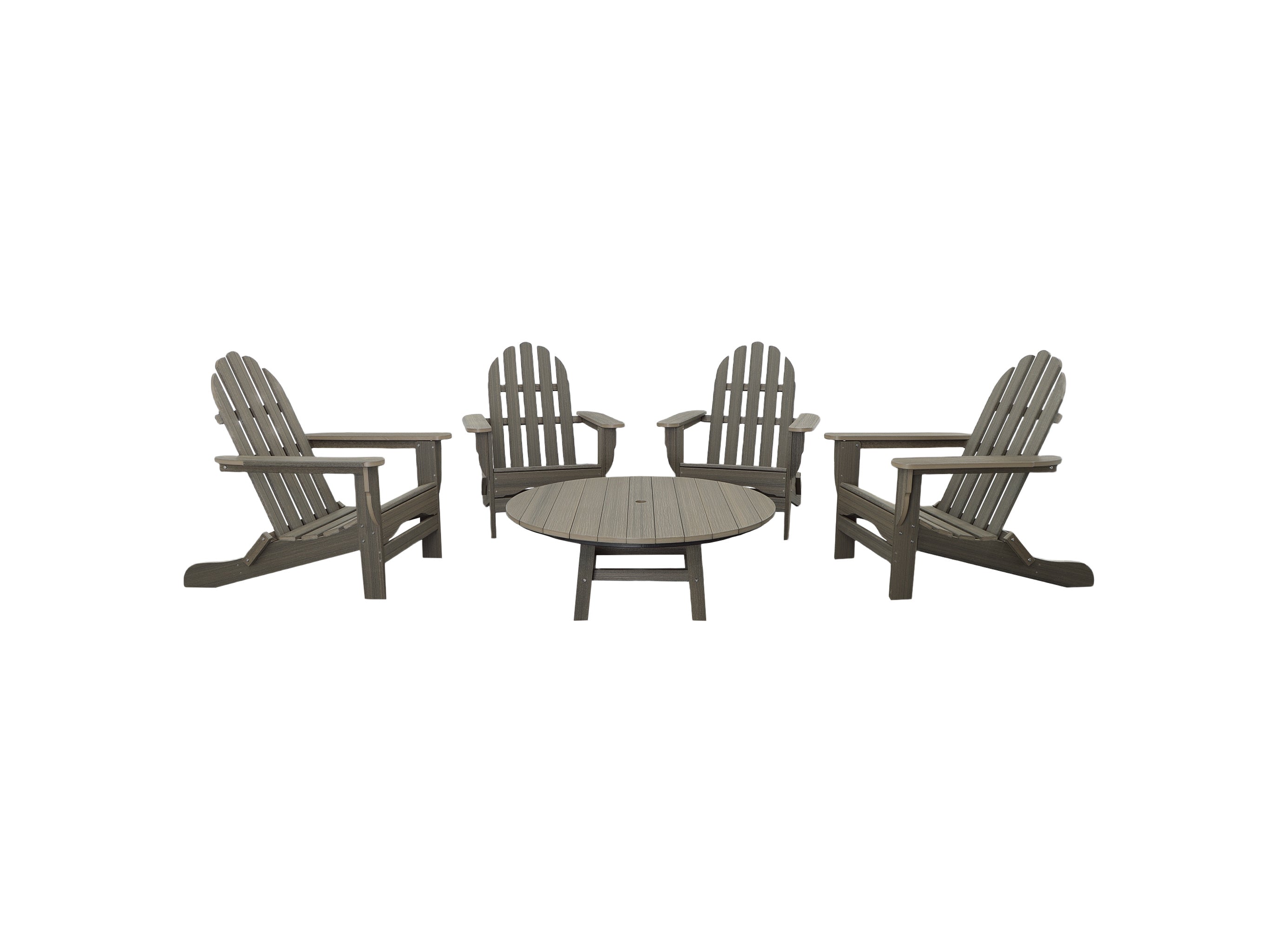 Coastal Gray Classic Adirondack Four Chairs with a Madison Conversation Table on Blank Background