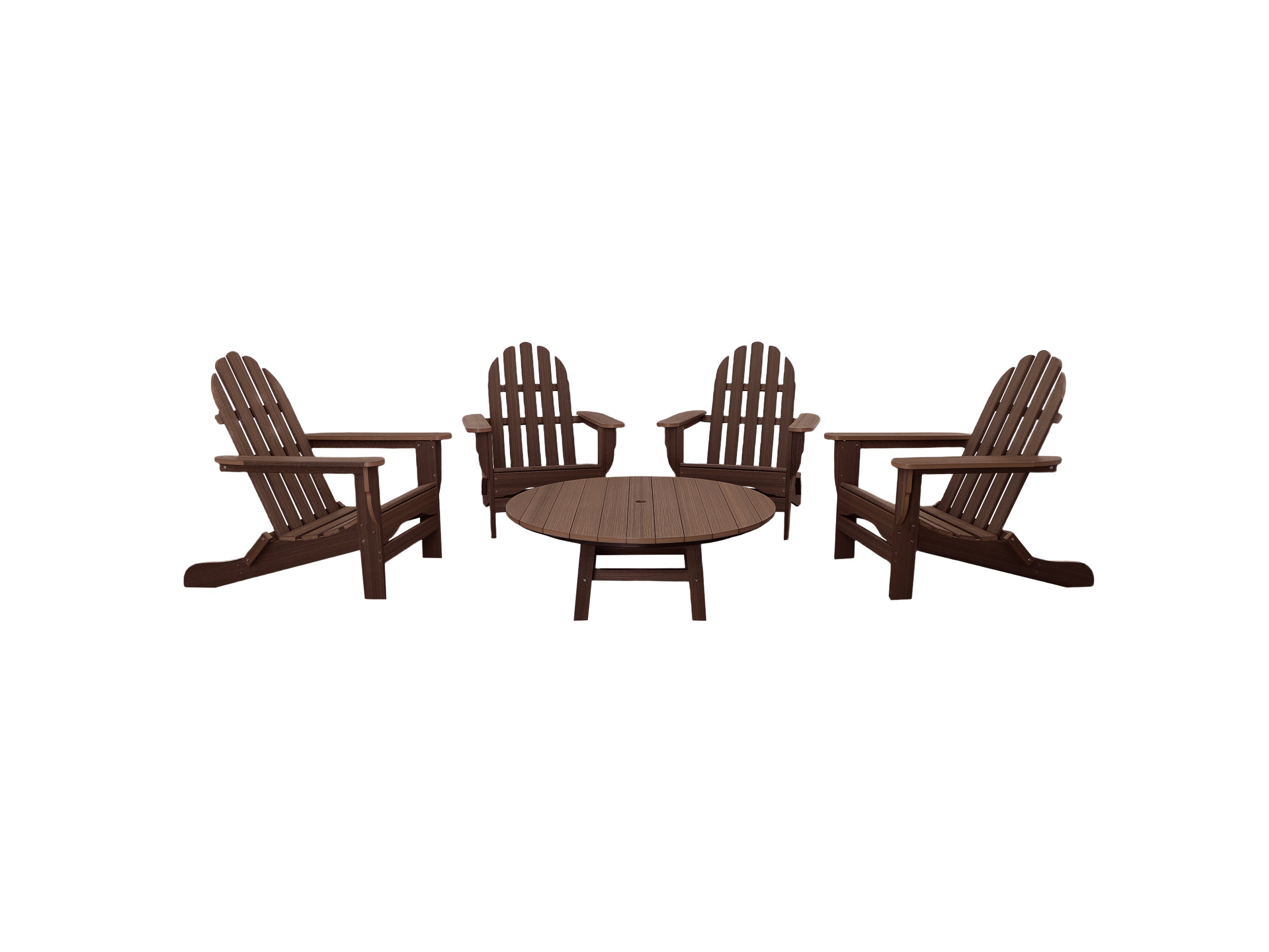 Brazilian Walnut Classic Adirondack Four Chairs with a Madison Conversation Table on Blank Background