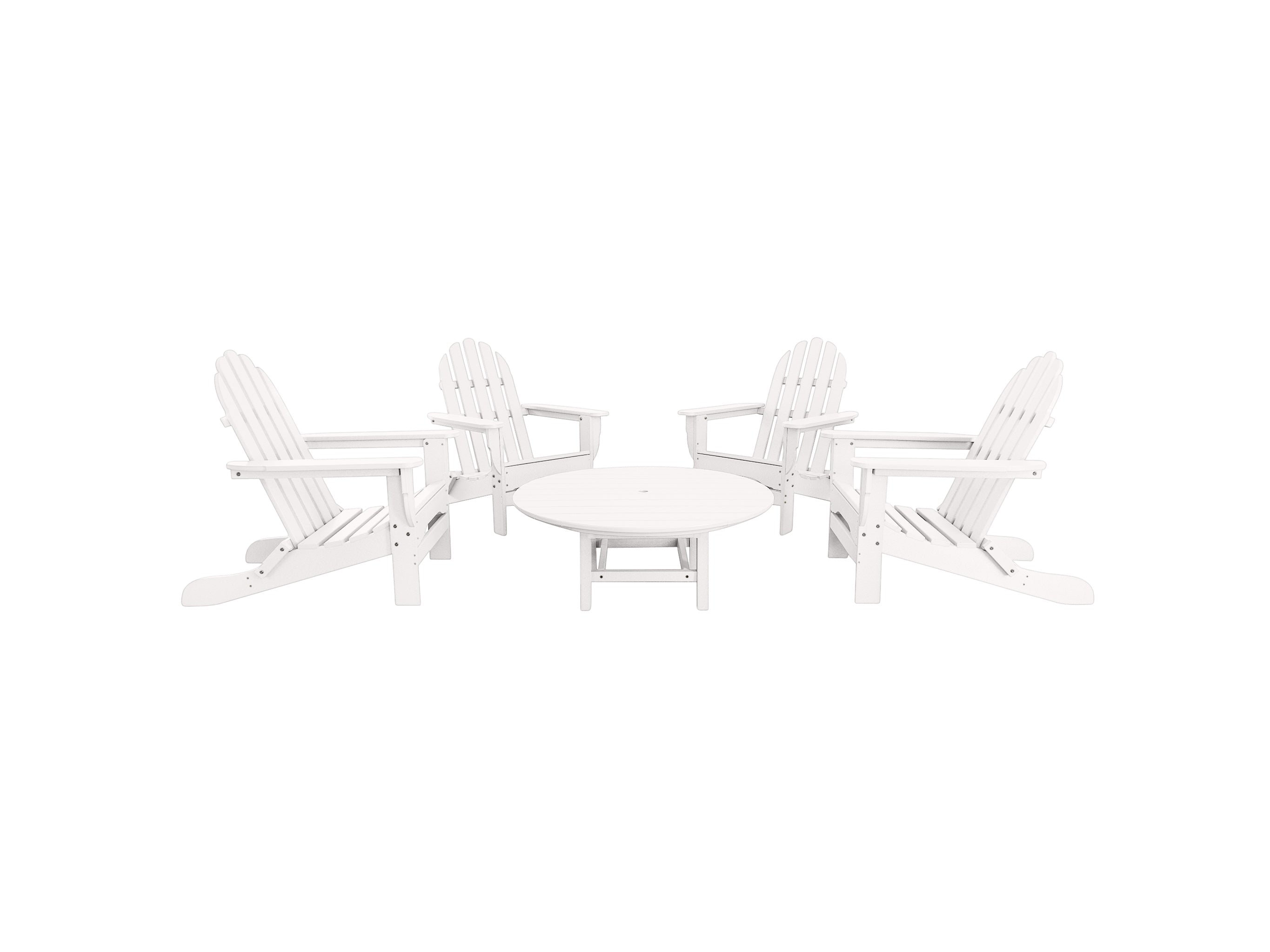 White Classic Adirondack Four Chairs with a Madison Conversation Table on Blank Background
