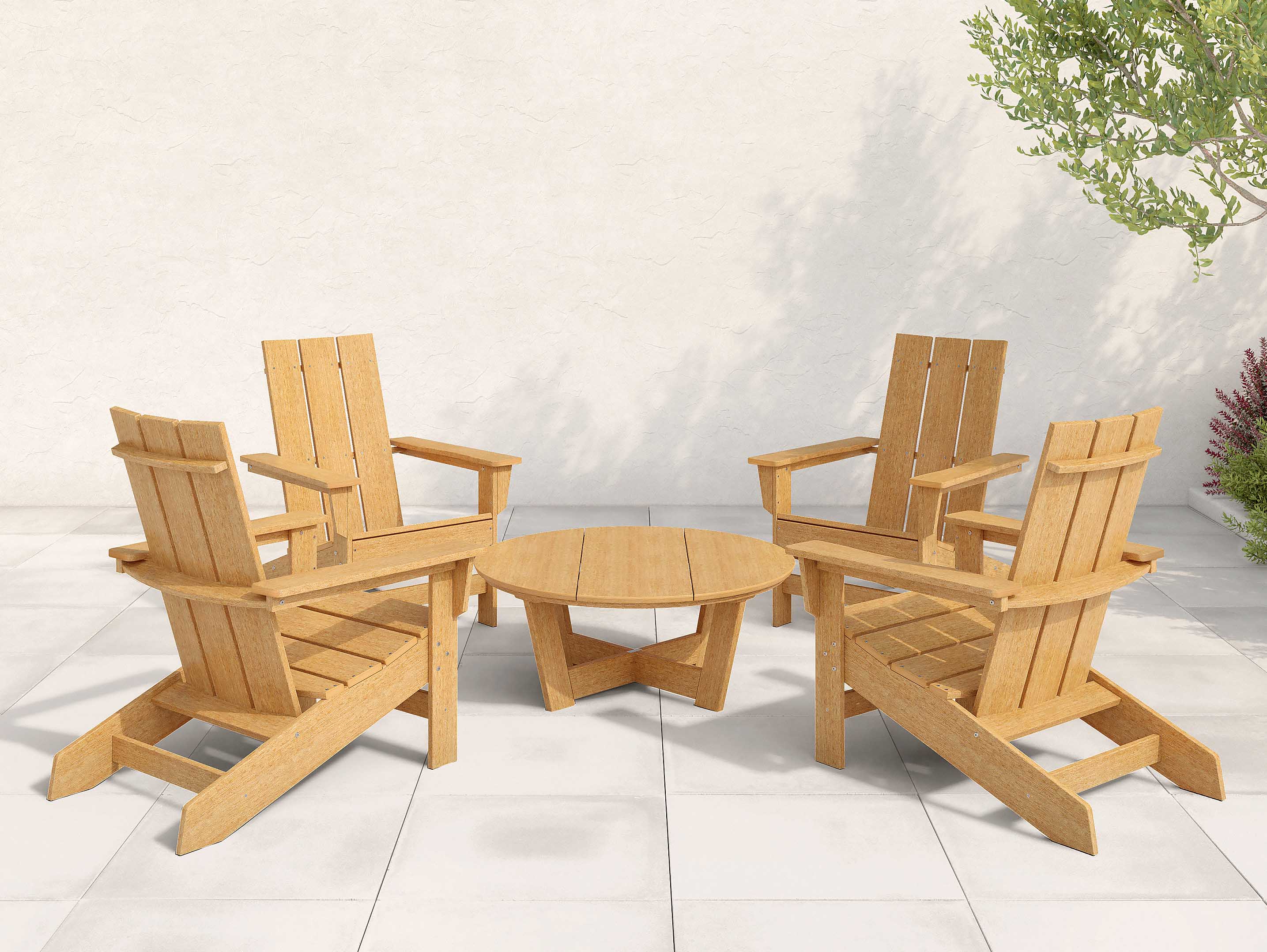 Four Chairs Aria Adirondack Conversation Set with Cannon Beach Table Natural Teak