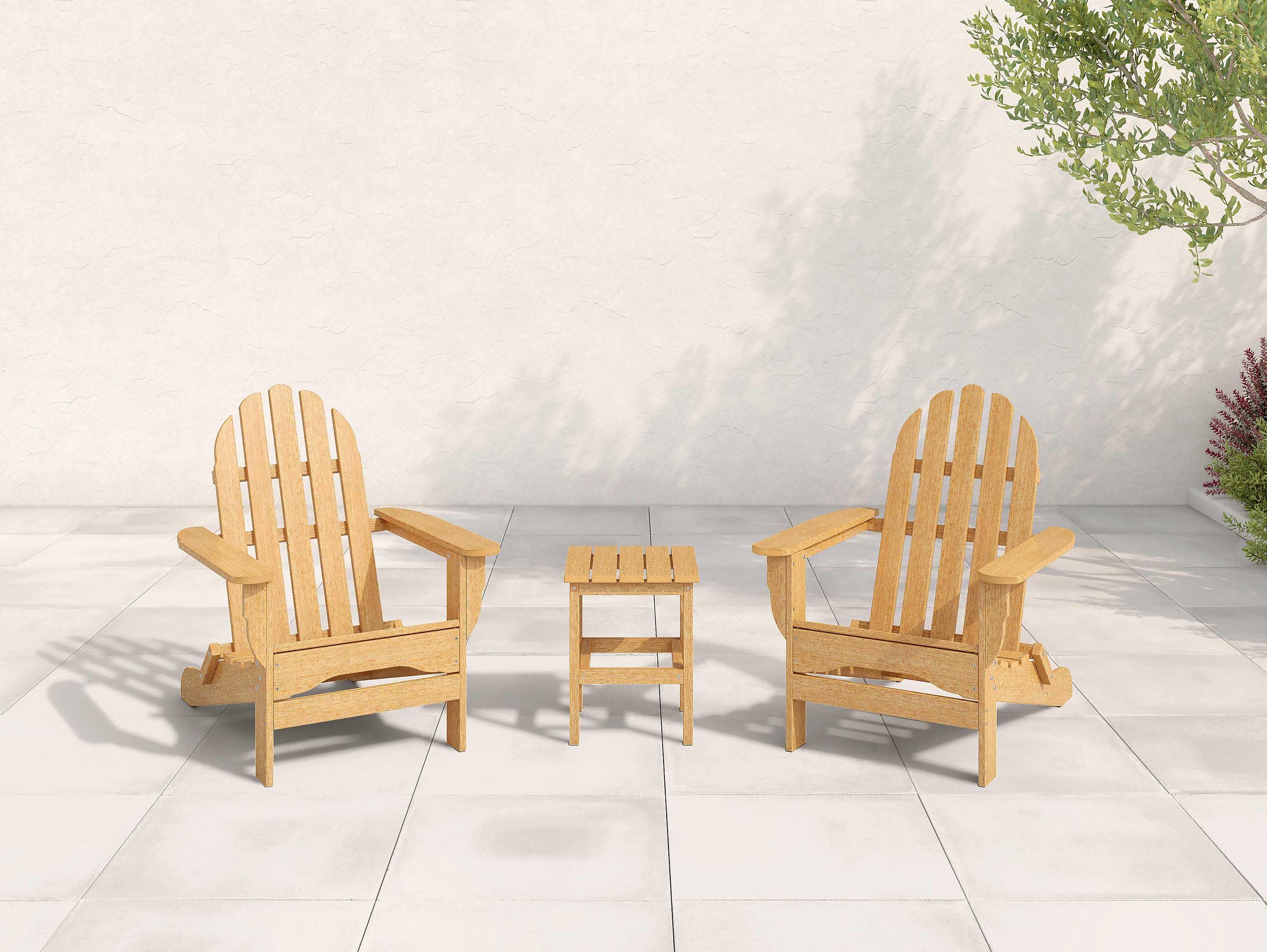 Classic Adirondack Chair Set of Two with Side Table Natural Teak on Stone Patio