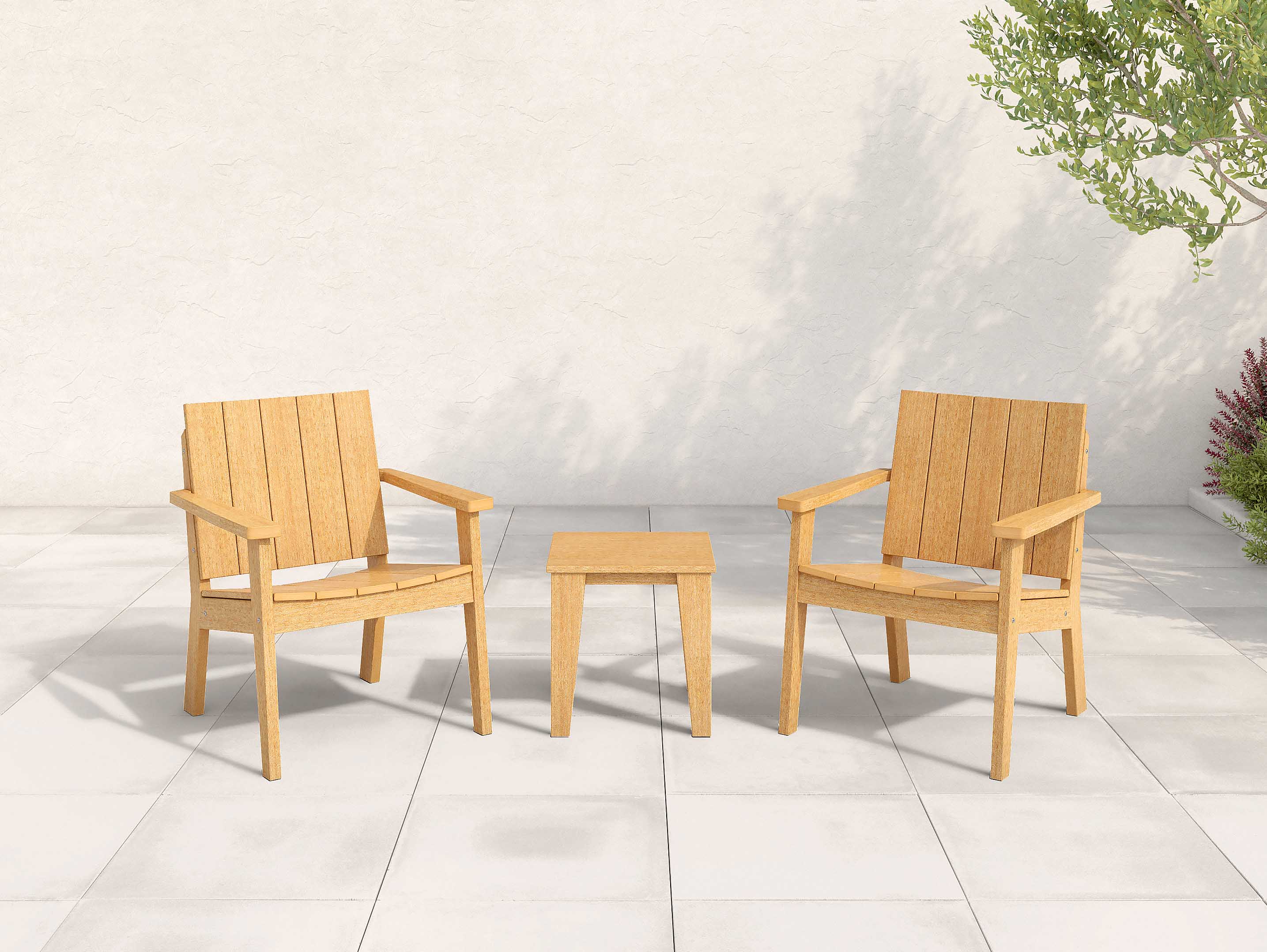 Ashland Chat Chair Set with Modern Side Table in Natural Teak