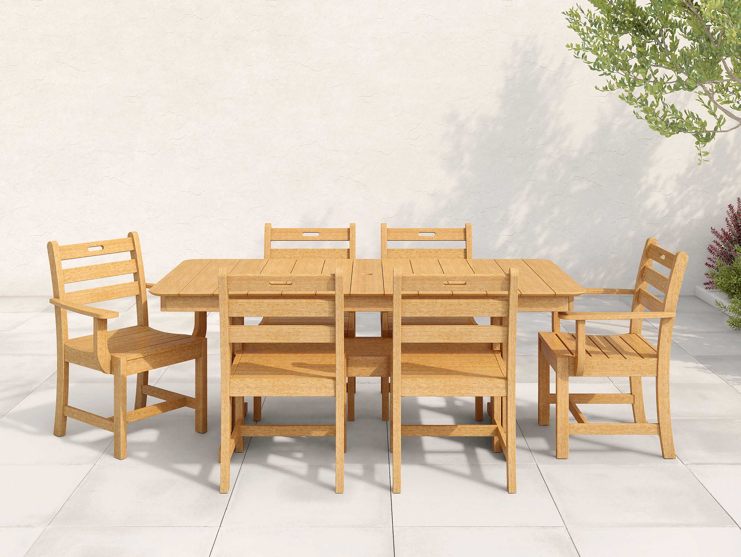 Natural Teak Classic Dining Set with ladder back chairs on patio