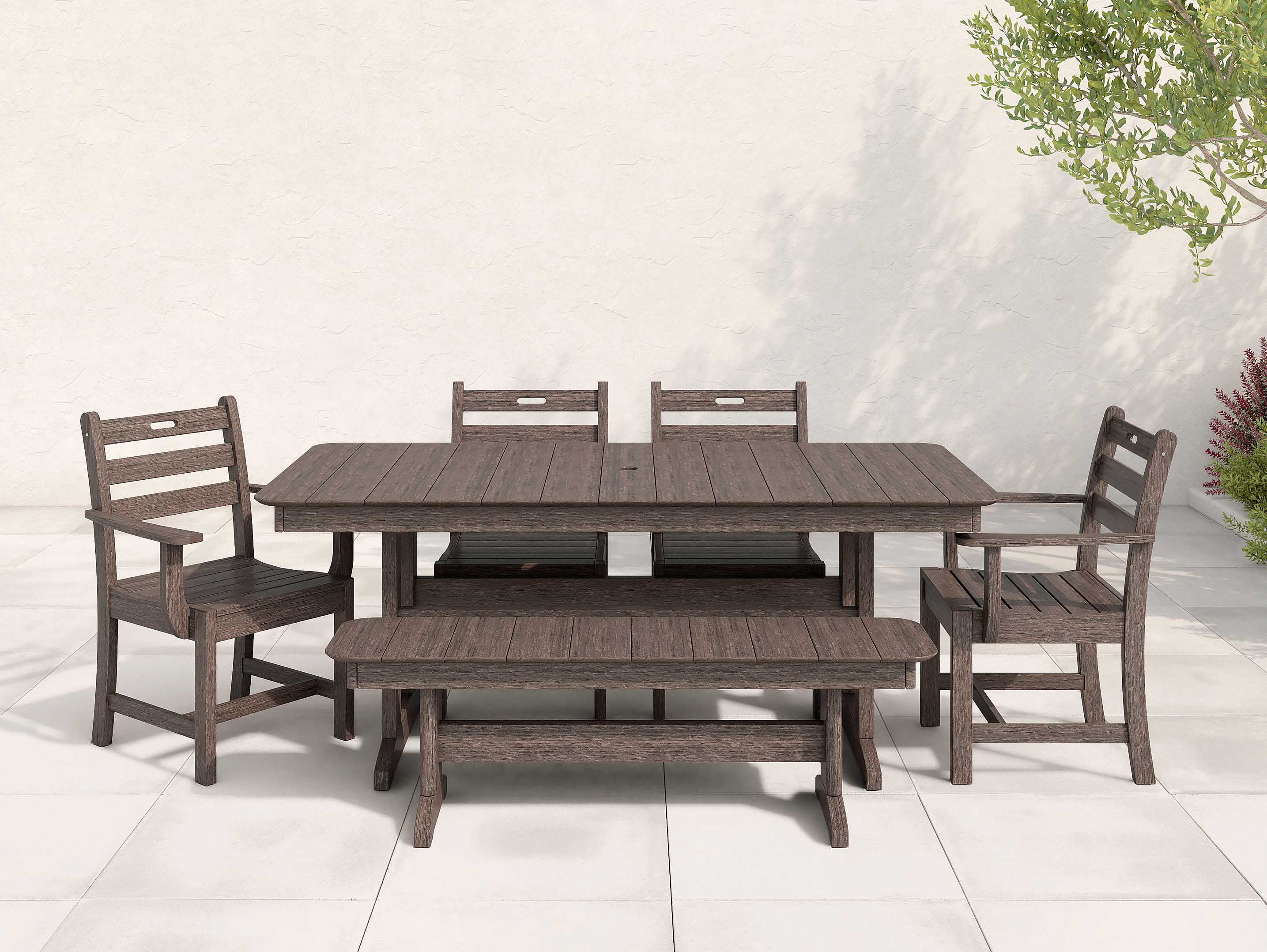 Coastal Gray Farmhouse Dining Set with Bench on Patio