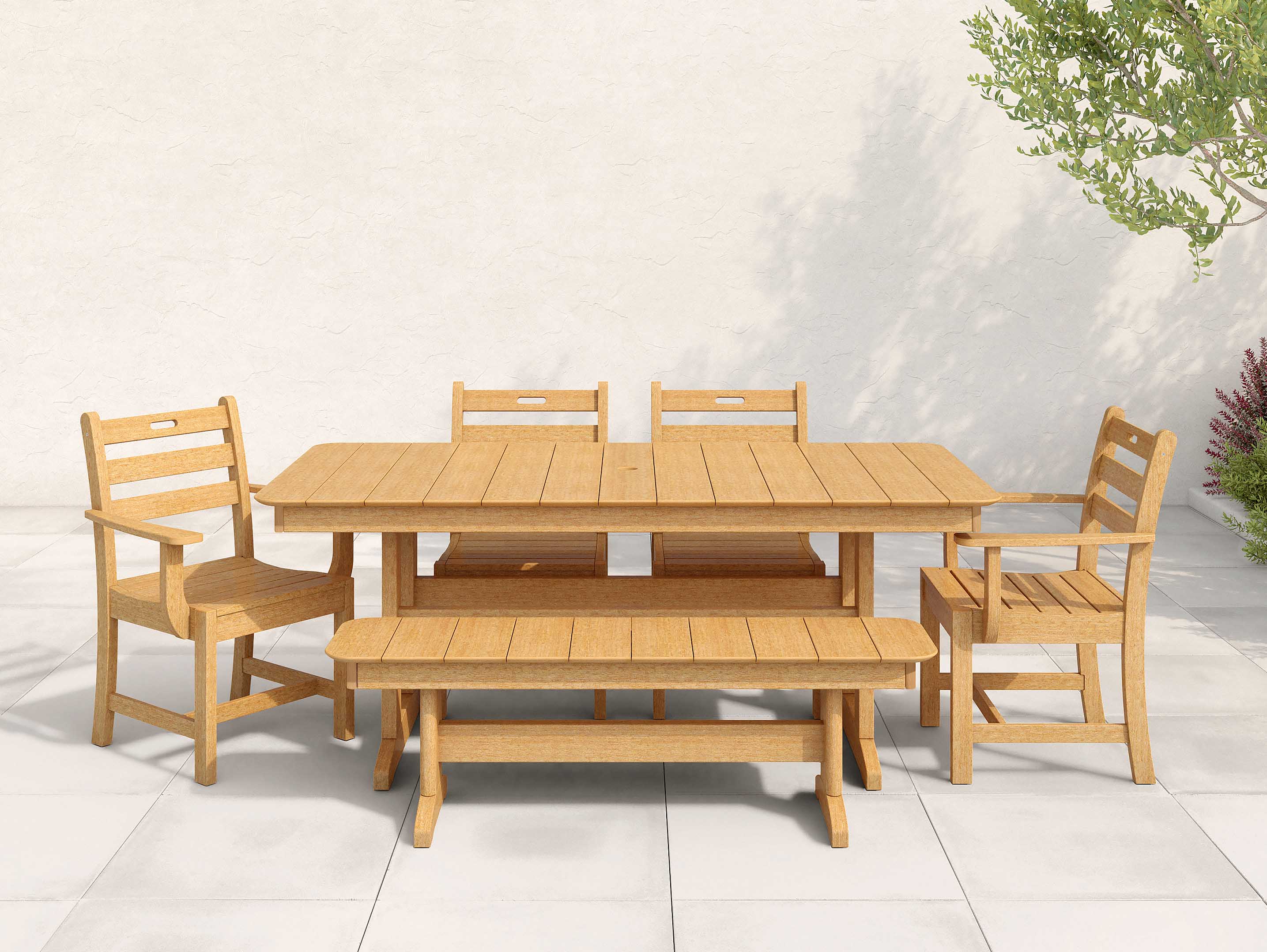 Natural Teak Farmhouse Set Classic Dining with Bench on Patio
