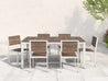 Park City Dining Table with Side Chairs white frame and woodgrain on patio