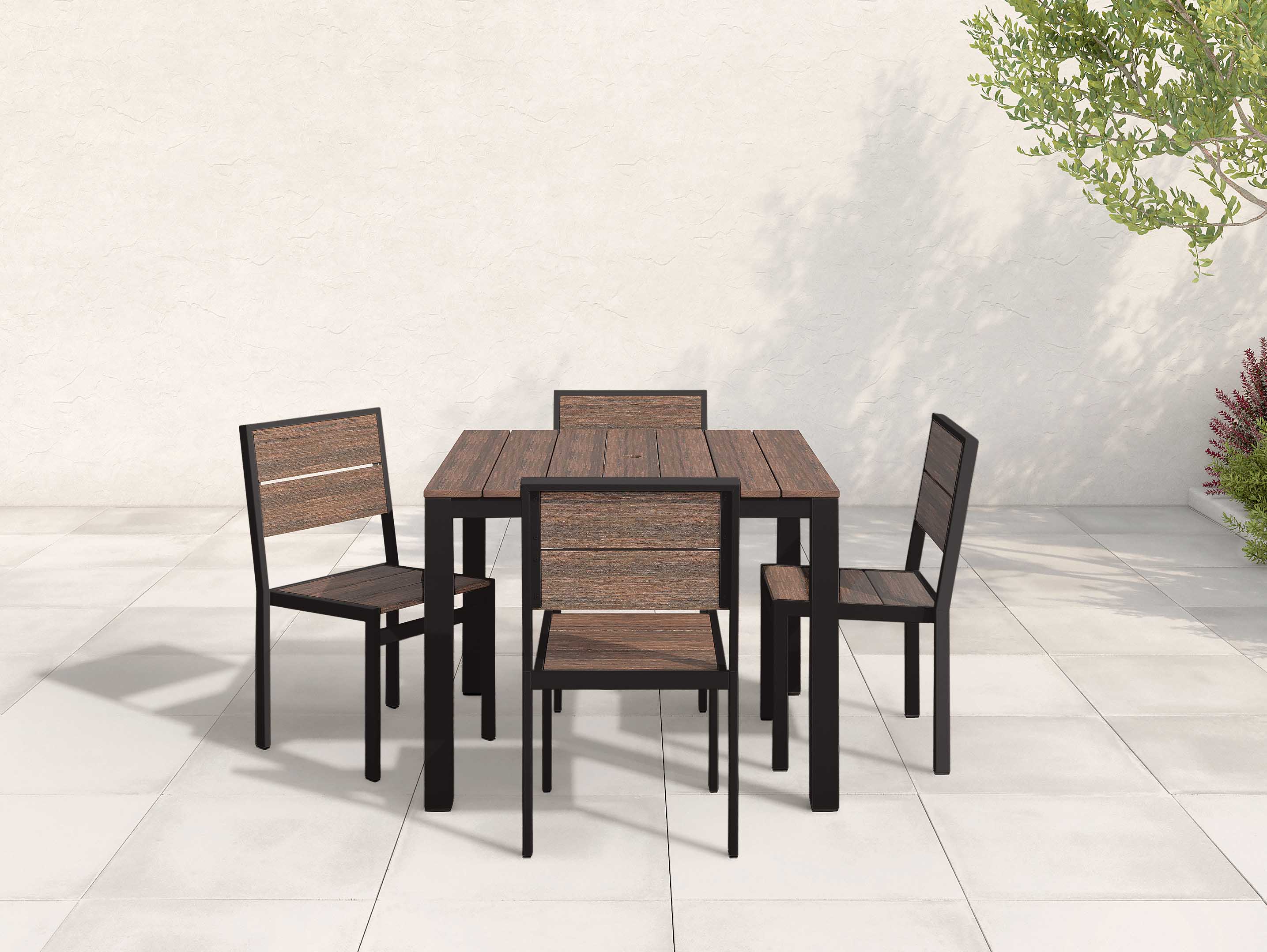 Square Dining Table Set with four side chairs black frame and brazilian walnut