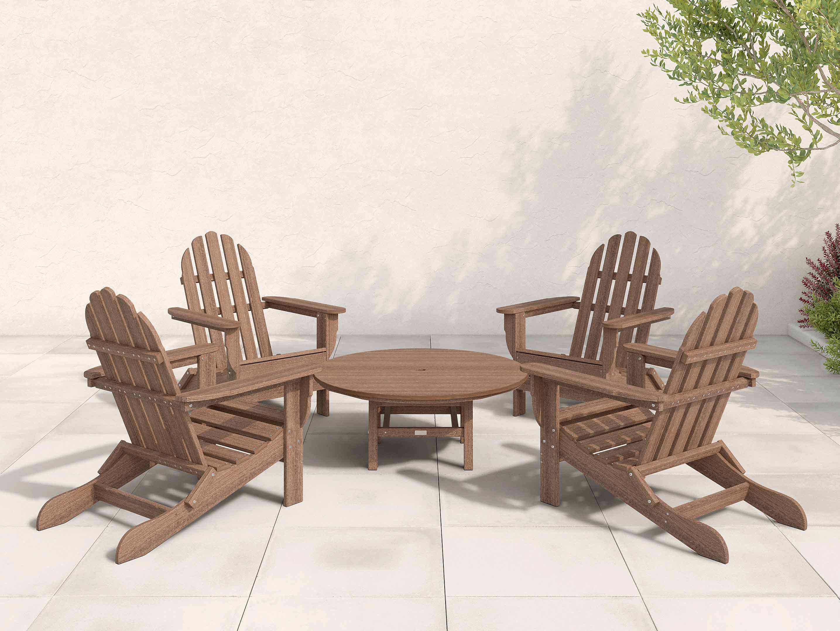 Four Antique Mahogany Classic Adirondack Chairs surrounding a Madison Conversation Table