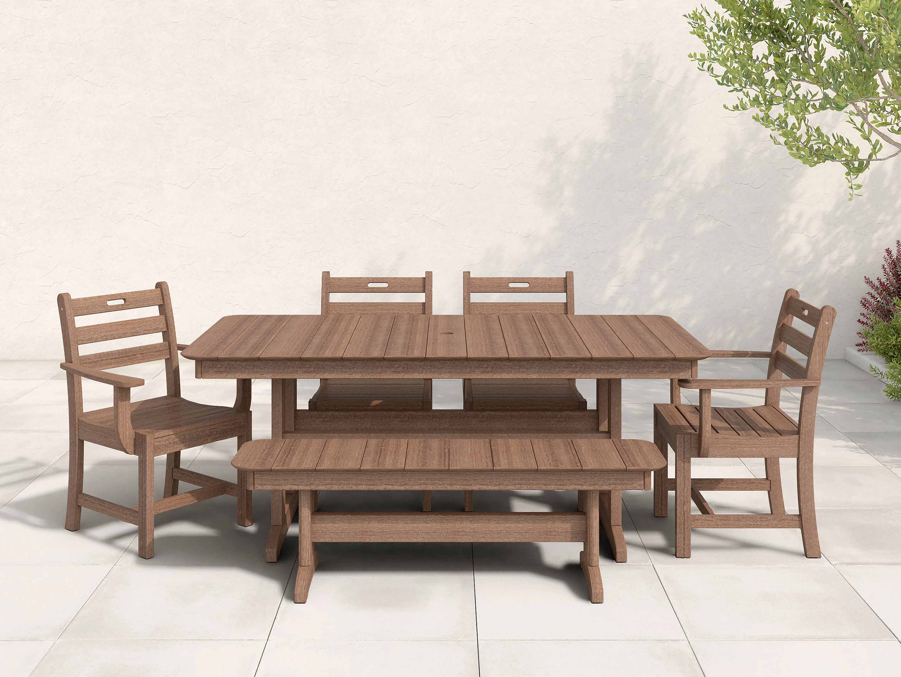 Antique Mahogany Coastal Gray Farmhouse Dining Set with Bench on Patio