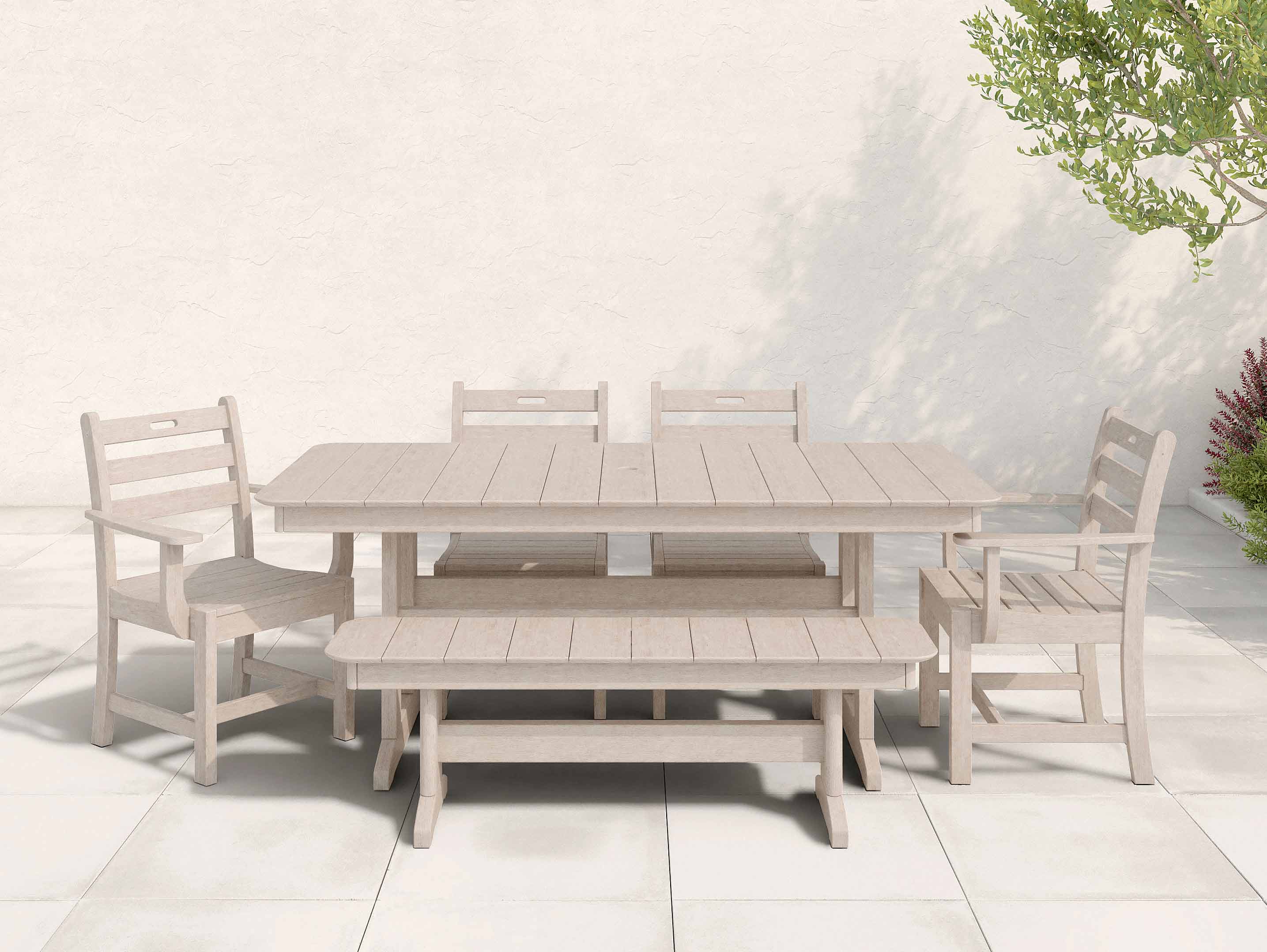 Paper Birch Farmhouse Dining Set with Bench on Patio