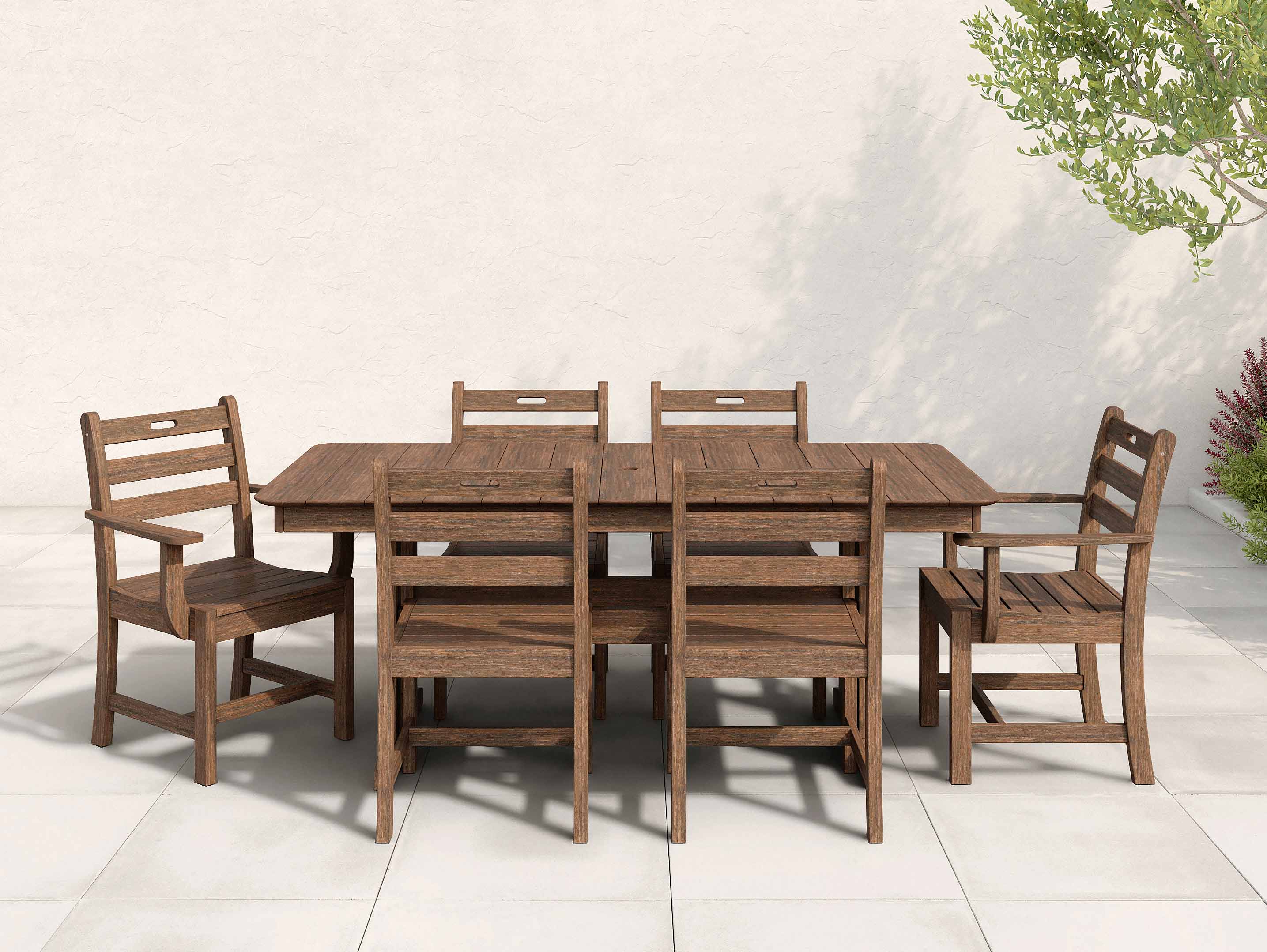 Antique Mahogany Classic Dining Set with ladder back chairs on patio
