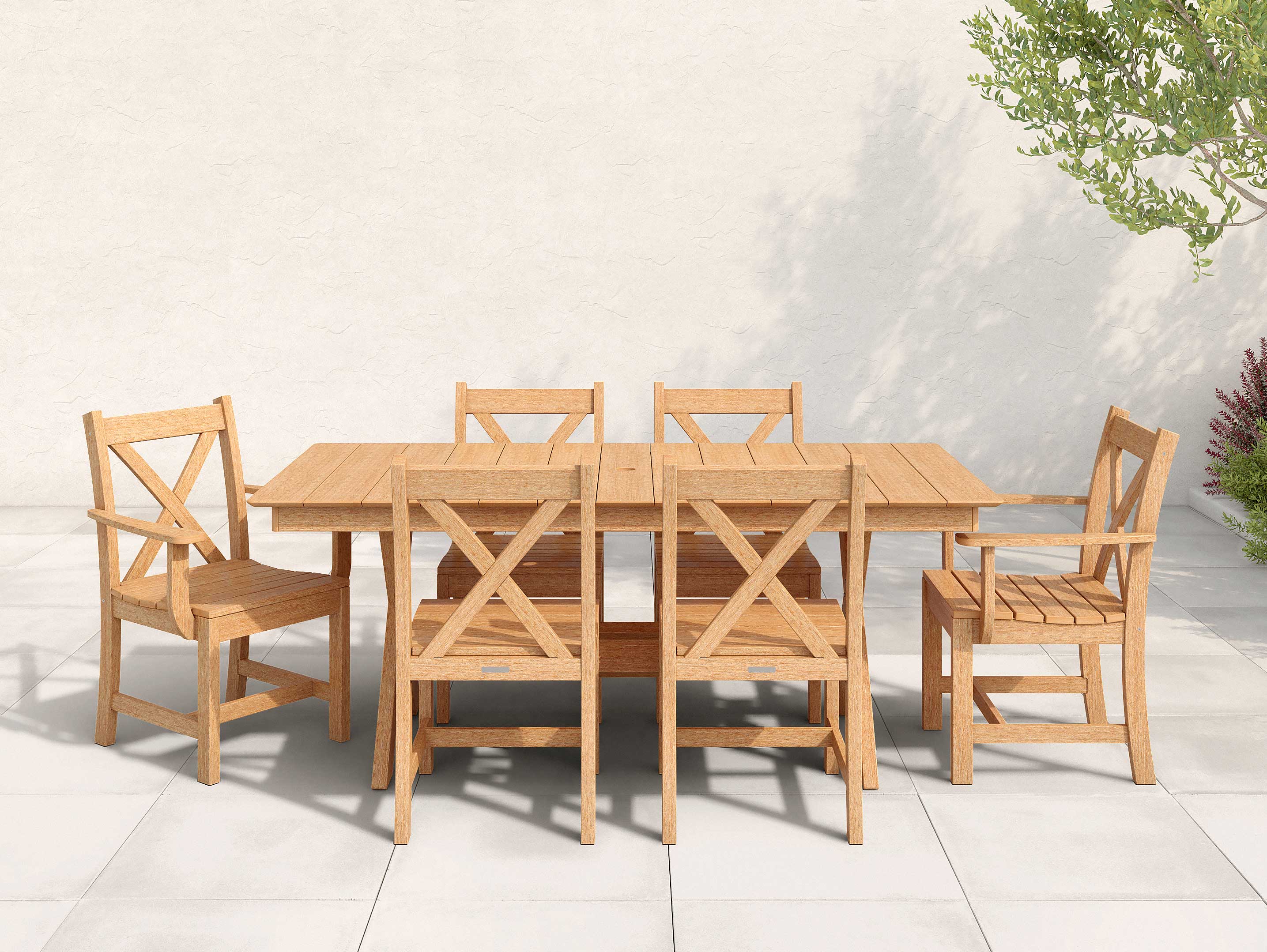 Natural Teak Classic Dining Set with X back chairs on patio
