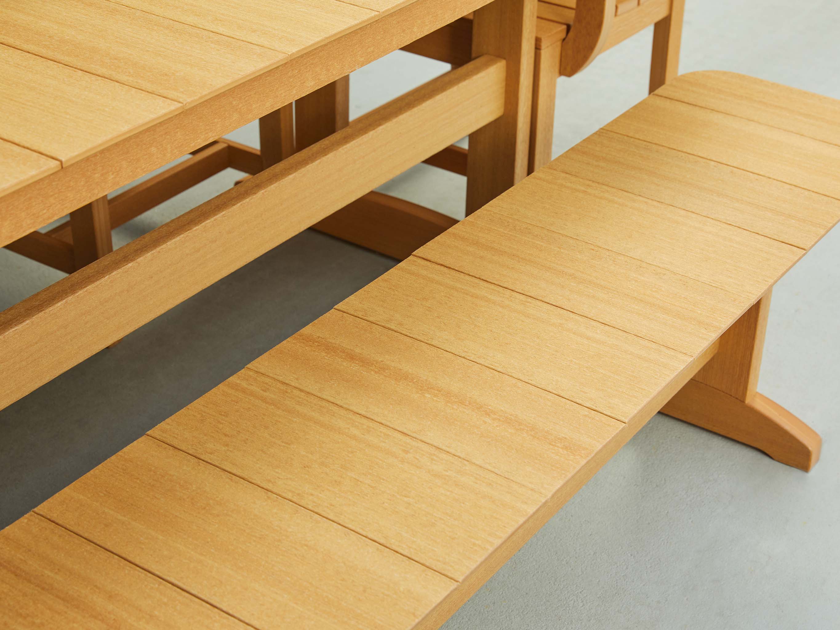 Classic Farmhouse Dining Set Close Up Bench Natural Teak Woodgrain
