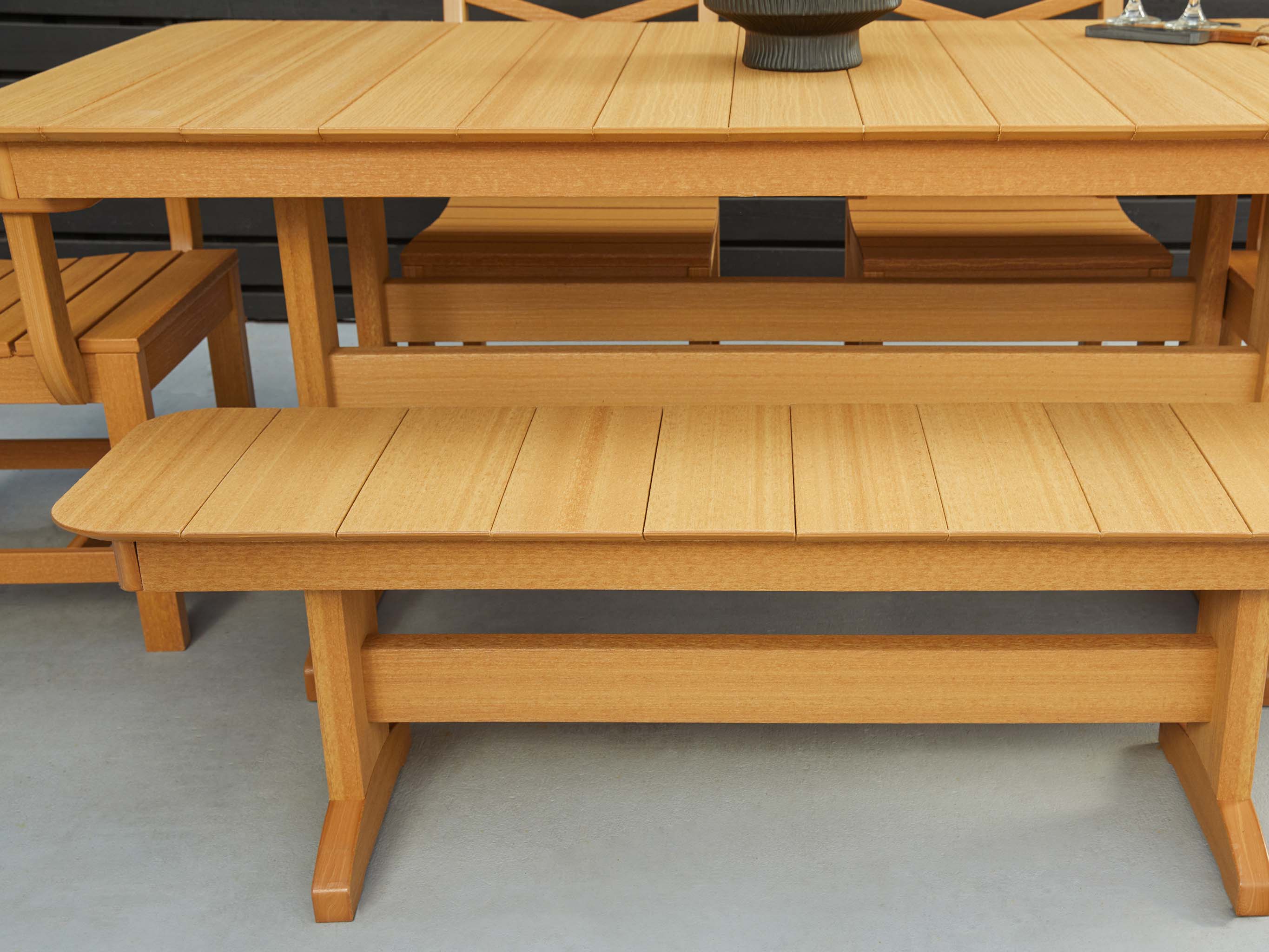 Classic Farmhouse Dining Set Close Up with Natural Teak