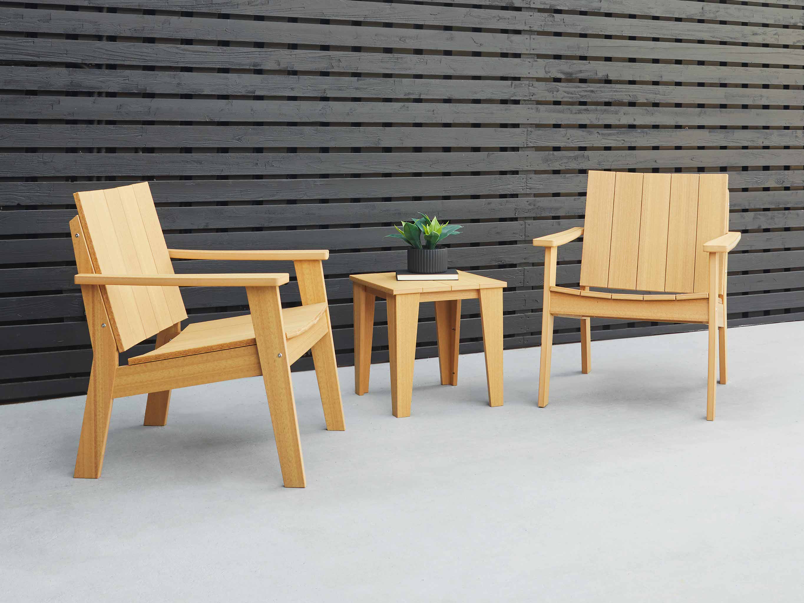 Natural Teak Ashland Chat Chair and Modern Side Table Set on Patio