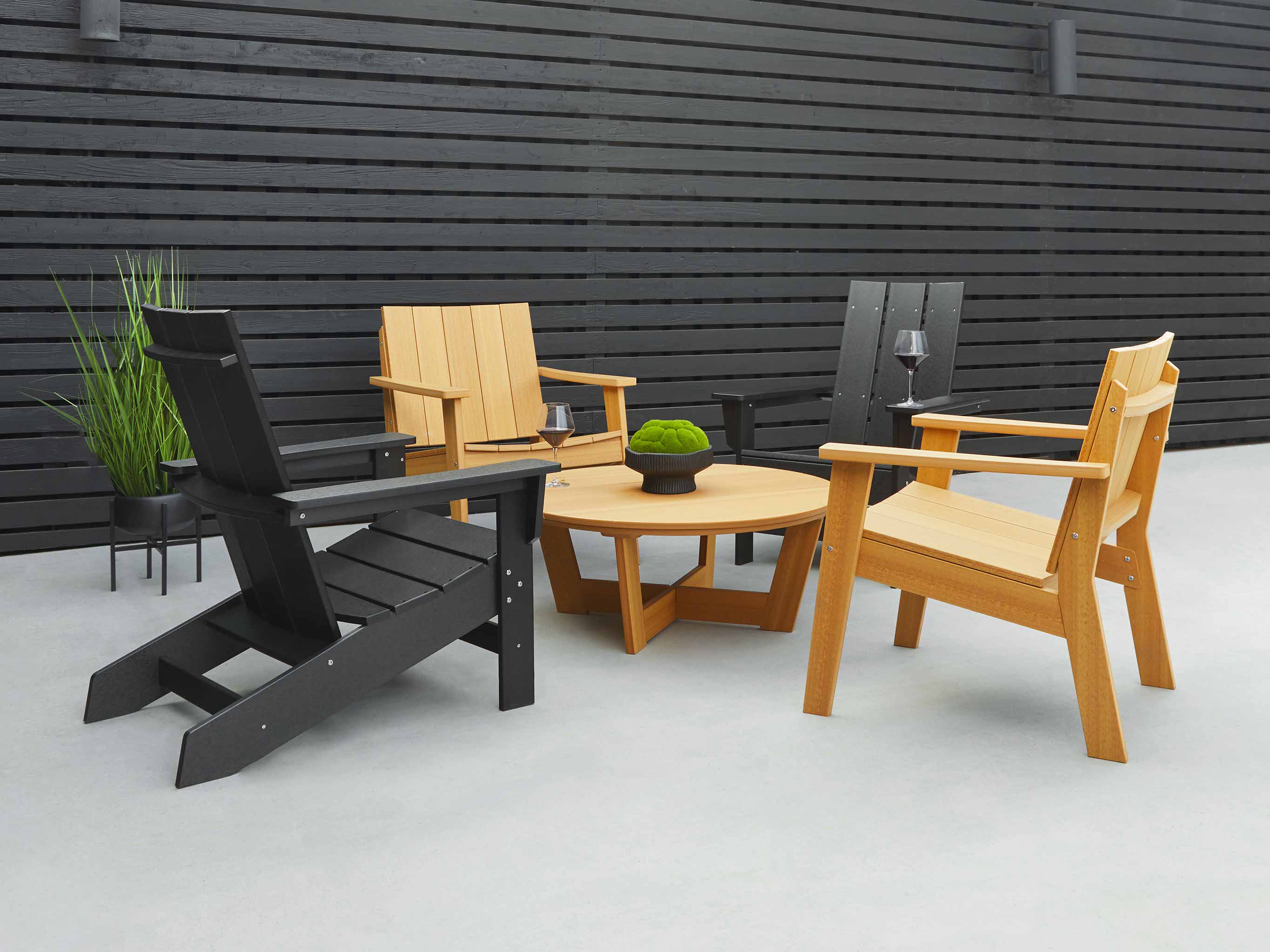 Black Aria Adirondack Chair and Ashland Chat Chair Set in Natural Teak