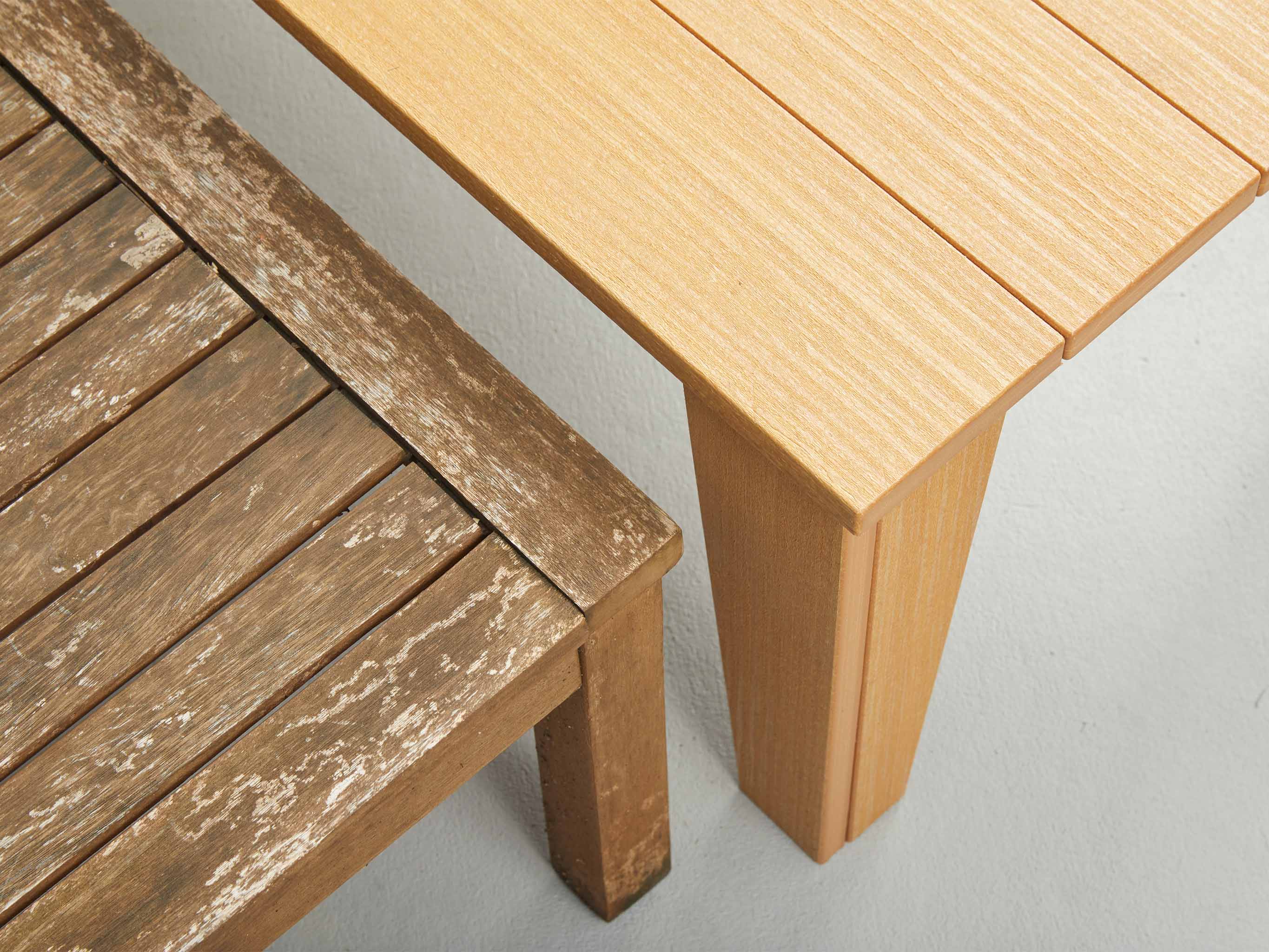 Real Teak Wood table next to a natural teak Tangentwood table